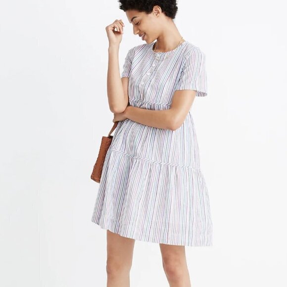 Madewell | Striped Crewneck Button Front Tiered Mini Dress Popover Size S - Picture 2 of 14